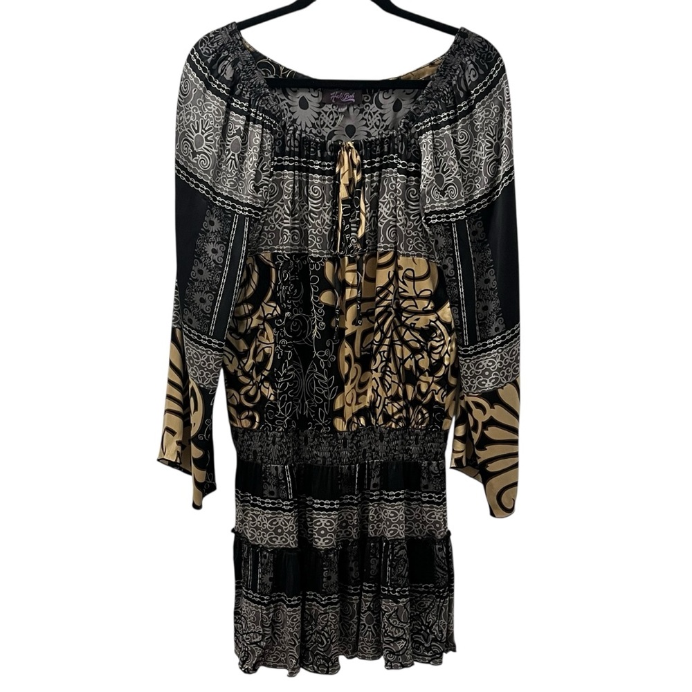 Hale Bob Silk Blend Boho Festival Peasant Mini Dress Top Black Gold Print M
